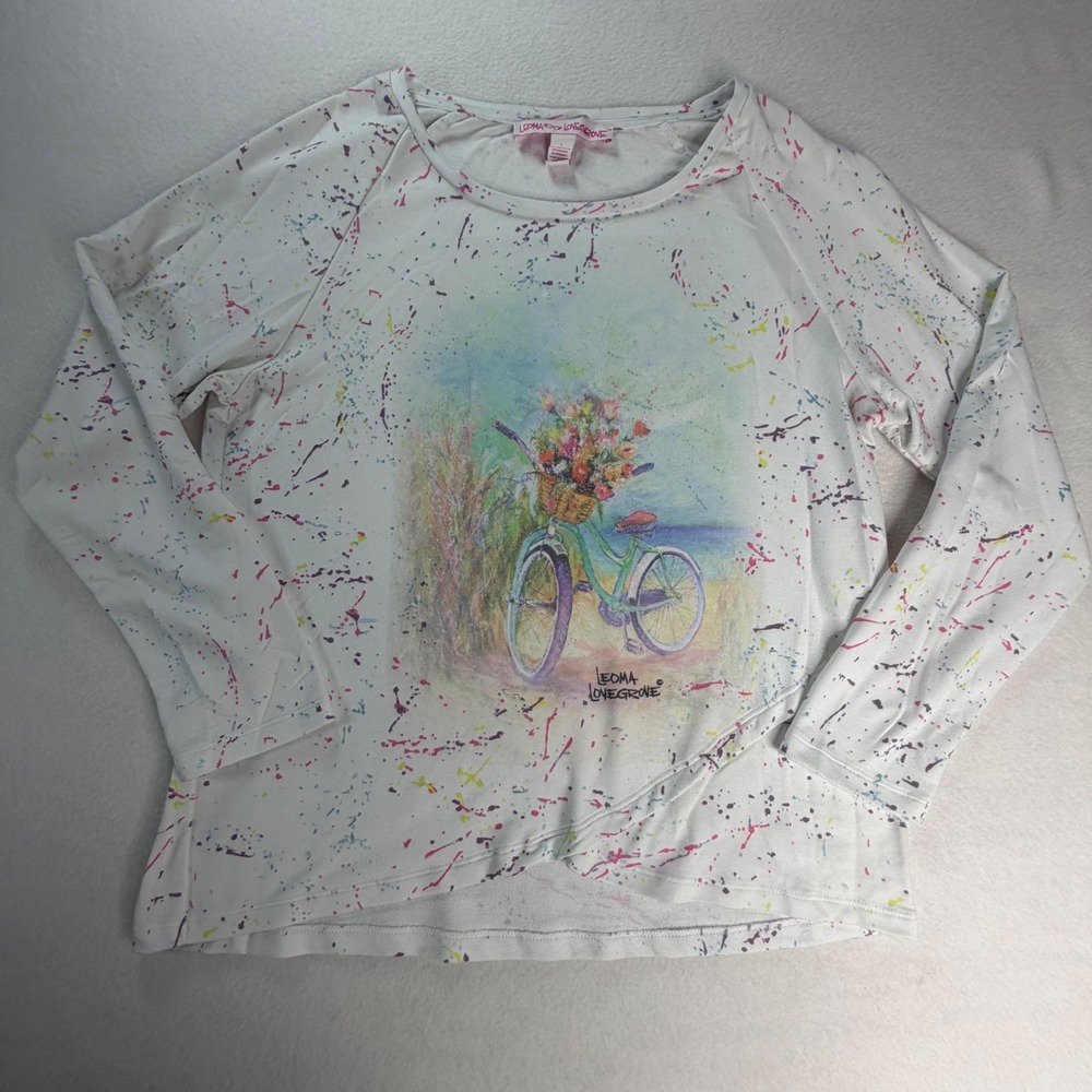 Leoma Lovegrove Womens Paint Splatter Bicycle Beach Graphic Top White Large